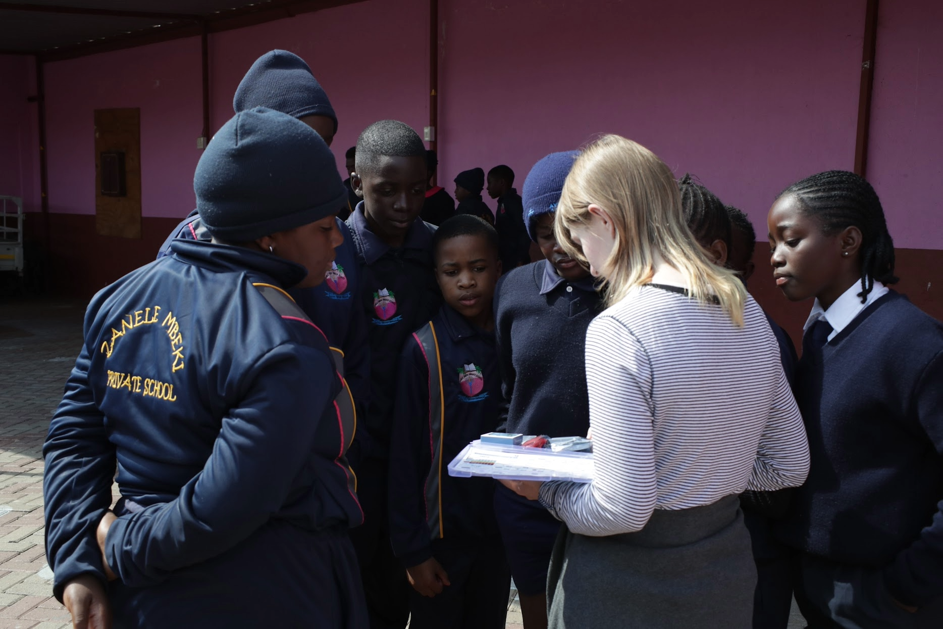 Conner showing Arduino kits to students at Zanele Mbeki Private School in Namibia